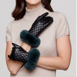 Diamond Quilt Leather Glove with Forest Green Rex Rabbit Cuff